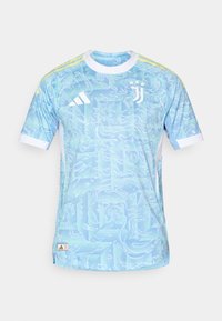 Blå idrettsdrakt med en virvlende mønster, korte ermer og hvite detaljer. Har Adidas-logo og Juventus-emblem foran.