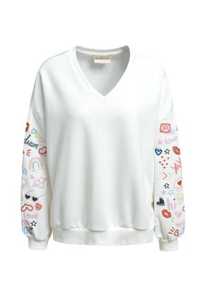 White long-sleeve V-neck sweater with elastic cuffs, featuring colorful embroidered designs and words like hearts, rainbows, lips, and "love" on the sleeves.