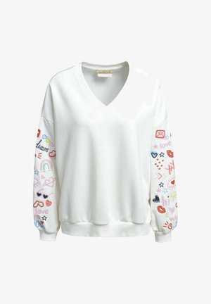 Weißer Langarm-V-Ausschnitt-Pullover mit elastischen Bündchen, versehen mit bunten bestickten Motiven und Worten wie Herzen, Regenbögen, Lippen und "Liebe" auf den Ärmeln.