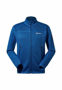 Blaue Zip-Jacke mit einem strukturierten Muster, hohem Kragen und zwei seitlichen Taschen. Mit einem Logo auf der Brust und kontrastierenden Schulternähten.