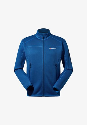 Blaue Zip-Jacke mit einem strukturierten Muster, hohem Kragen und zwei seitlichen Taschen. Mit einem Logo auf der Brust und kontrastierenden Schulternähten.