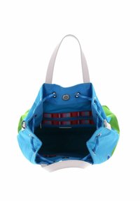 Sac seau bleu et vert avec poignées blanches, ouverture supérieure dévoilant l'intérieur avec une poche zippée à rayures et une fermeture à cordon.