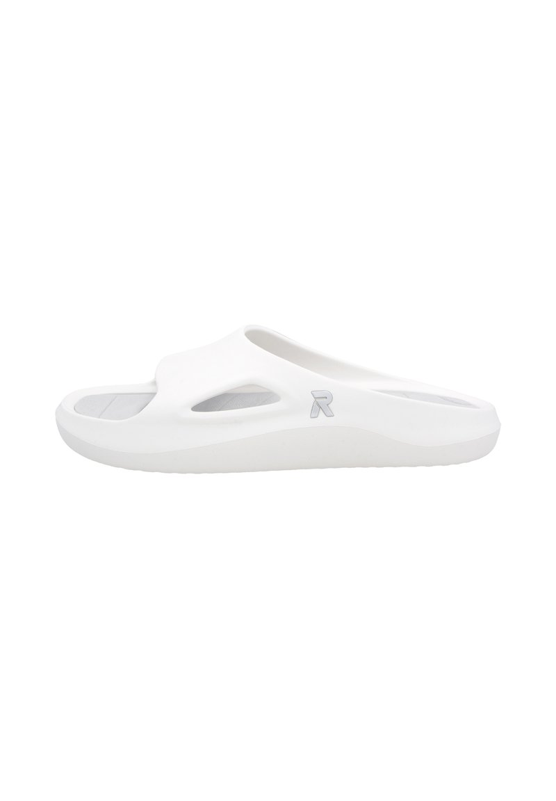 Slide sandal in white, made from smooth material with cut-out design, open toe, and textured sole for grip. Features a subtle logo accent.