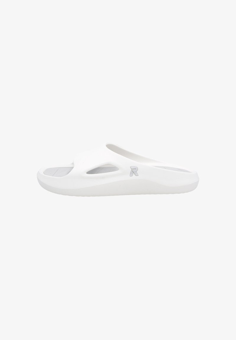Slide sandal in white, made from smooth material with cut-out design, open toe, and textured sole for grip. Features a subtle logo accent.