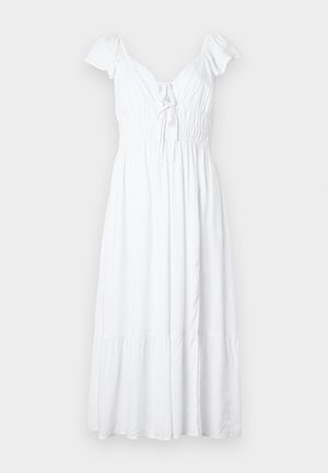 Weißes, knielanges Kleid aus weichem Stoff. Mit Puffärmeln, einem gerafften Oberteil und einem geschlitzten unteren Teil.
