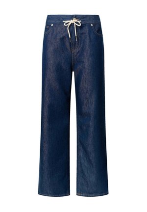 Weite Jeanshose in Dunkelblau mit Kordelzugbund, vorderen Taschen und kontrastierenden Nähdetails. Glatte Textur über die gesamte Hose.