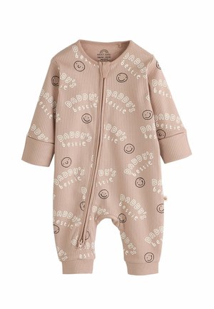 Tutina rosa a coste per neonati con testo bianco, faccine sorridenti e zip frontale. Progettata con maniche lunghe e polsini aderenti.