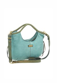 Borsa a tracolla in pelle blu morbido dalla forma arrotondata, con dettagli verdi, manico corto e tracolla lunga regolabile. Presenta un dettaglio del logo in oro.