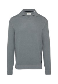 Grauer gestrickter Pullover mit V-Ausschnitt und Kragen. Mit gerippten Bündchen und Saum, strukturiertem Stoff und einem dezenten Markenschild auf der unteren linken Seite.