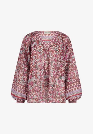 Losse blouse met lange mouwen met roze, rode en witte bloemenprint en patroonranden op de manchetten en halslijn.