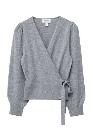 Gray wrap sweater made from soft knit fabric, featuring long puff sleeves, a v-neck, and a tie detail at the waist.