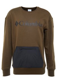 Sweatshirt Columbia marron avec poche avant zippée noire et manches longues.