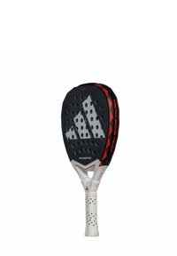 Zwarte padel racket met een geperforeerd oppervlak, rode accenten en een witte handgreep. Ontworpen met de tekst en het logo "METALBONE TEAM".