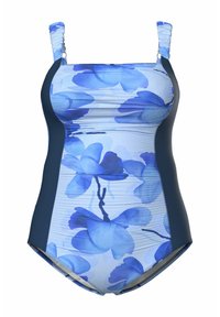 Jednodílné plavky v modrém květinovém vzoru. Světle modrá tkanina s tmavě modrými bočními panely. Obsahují nařasené ramínka a nařasené detaily.