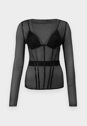 Black mesh long-sleeve top with a plunging neckline, sheer texture, and structured design featuring glossy vertical stripes and a fitted waistband.