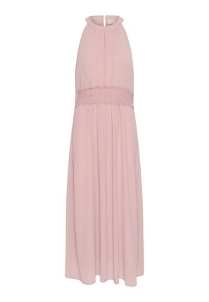 Haljina bez rukava, svijetlo roza boje s okruglim izrezom, čipkastim detaljem u struku i lepršavim šifon materijalom, do gležnjeva. Zatvaranje na leđima s otvaranjem.