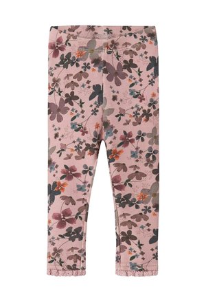Rosa Leggings mit floralem Muster in verschiedenen Farben, mit einem gewellten Saum am Abschluss und einem elastischen Bund für zusätzlichen Komfort.