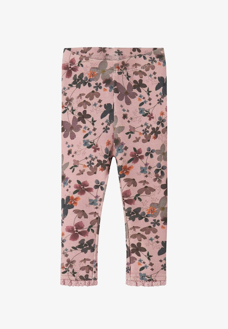 Rozā legingi ar ziedu rakstu, kas satur dažādas krāsas, ar viļņotu malu apakšā un elastīgu jostasvietu komfortam.