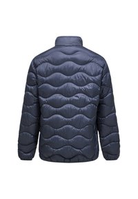 Marineblaue Daunenjacke mit einem gesteppten Muster, hohem Kragen und glattem, glänzendem Material. Verfügt über einen abgerundeten Saum und elastische Bündchen.