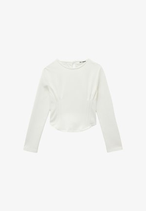 Weißes langärmeliges Oberteil aus glattem Stoff mit rundem Ausschnitt, figurbetonter Silhouette und vertikalen Nahtdetails auf der Vorderseite.