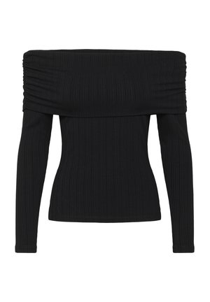 Haut noir côtelé à manches longues, épaules dégagées avec un large col replié et une taille ajustée.