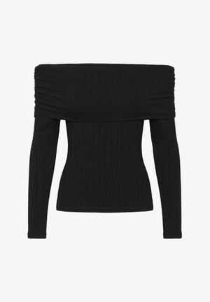 Haut noir côtelé à manches longues, épaules dégagées avec un large col replié et une taille ajustée.