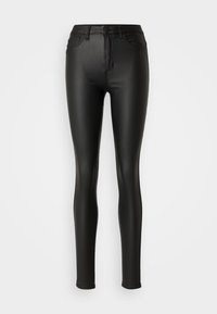 Pantalon slim noir en similicuir avec poches avant et fermeture boutonnée, présenté sur un fond uni.