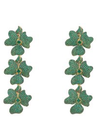 Emerald green floral earrings made of metal with pave-set stones. Each flower has a central stone, connected in a cascading design.