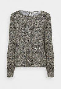 Langärmlige Bluse in Schwarz mit cremefarbenem und blauem Blumenmuster, mit rundem Ausschnitt und Schlüsselöffnungsdetail auf der Rückseite. Glatte Textur.