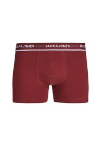 Rode katoenen boxershorts met een aansluitend ontwerp, voorzien van een witte elastische tailleband met de tekst "JACK & JONES" in zwarte letters.
