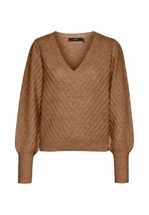 Maglione marrone lavorato a maglia con scollo a V, caratterizzato da una texture a coste e un motivo a zigzag, maniche lunghe a palloncino e un orlo aderente.