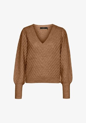 Rudas megztinis su V formos iškirpte, su šiurkščiu tekstūru ir zigzago raštu, ilgomis burbulinėmis rankovėmis ir prigludusia apačia.