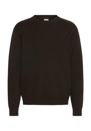 Maglione marrone scuro con scollatura rotonda, polsini e orlo a costine, realizzato in un morbido tessuto testurizzato, con un design semplice e classico.