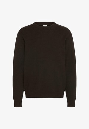 Tumši brūns džemperis ar apaļu kaklu, ribotām piedurknēm un apakšmalu, izgatavots no mīkstas, teksturētas auduma, ar vienkāršu, klasisku dizainu.