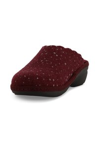 Pantofole in feltro bordeaux con design a scallop, texture a pois e suola in gomma nera. Comodità nell'indossarle a slip per uso interno.