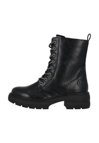 Bottines noires à lacets en cuir lisse. Comprend des œillets métalliques, une semelle en caoutchouc durable et un logo embouti sur le côté.