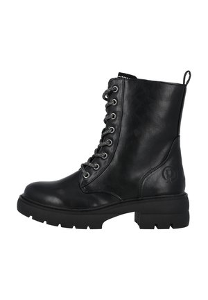 Bottines noires à lacets en cuir lisse. Comprend des œillets métalliques, une semelle en caoutchouc durable et un logo embouti sur le côté.