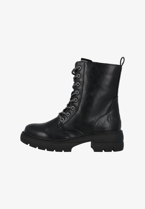 Stivali alla caviglia neri con stringhe realizzati in pelle liscia. Caratterizzati da occhielli metallici, suola in gomma resistente e dettaglio del logo impresso sul lato.