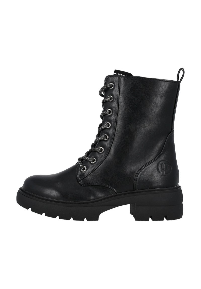 Bottines noires à lacets en cuir lisse. Comprend des œillets métalliques, une semelle en caoutchouc durable et un logo embouti sur le côté.