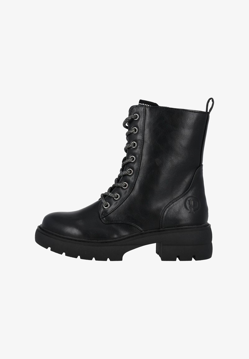 Czarne, sznurowane za kostkę buty wykonane z gładkiej skóry. Posiadają metalowe oczka, wytrzymałą gumową podeszwę oraz tłoczone logo po boku.