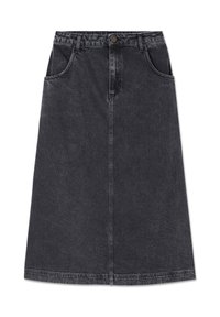 Svart denim A-linjeformad kjol med knappstängning, fem fickor och kontrasterande sömmar. Medellång design med en texturerad yta.