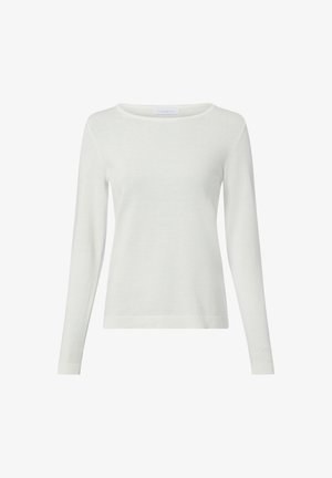 Maglione leggero a maniche lunghe in bianco sporco, realizzato in un tessuto morbido con una texture liscia, caratterizzato da una scollatura rotonda e polsini a coste.