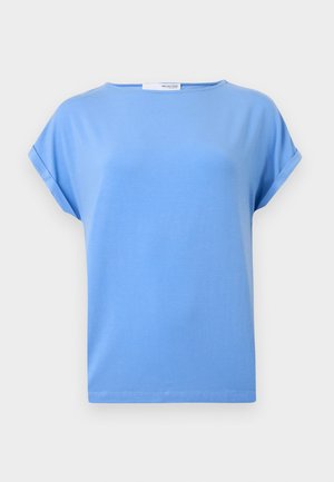 Light blue short-sleeve t-shirt made from soft cotton. Features a relaxed fit and rolled sleeves with a straight hemline.