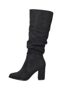 Black knee-high boots made of textured fabric with a slouched design. Features a square toe and a chunky heel, embellished with metallic accents.