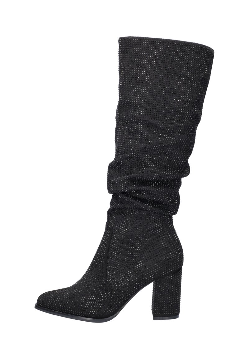 Black knee-high boots made of textured fabric with a slouched design. Features a square toe and a chunky heel, embellished with metallic accents.