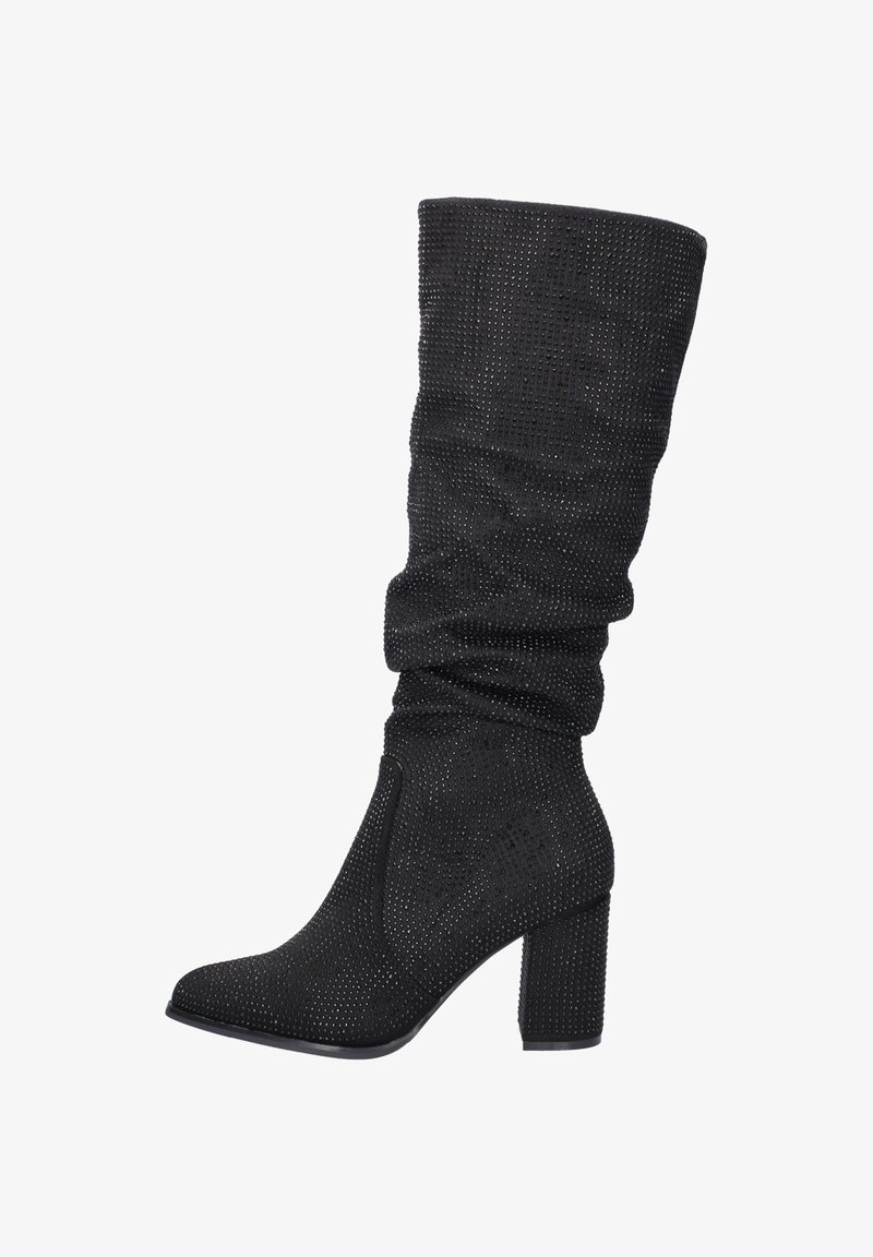 Black knee-high boots made of textured fabric with a slouched design. Features a square toe and a chunky heel, embellished with metallic accents.