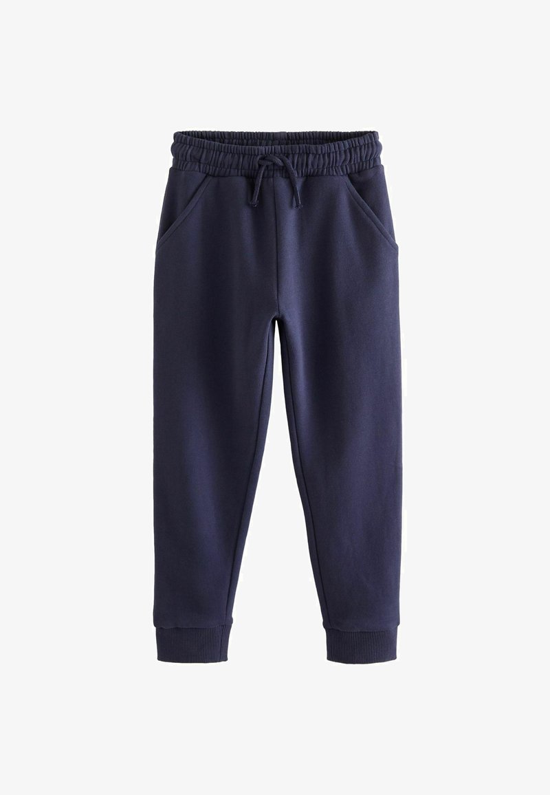 Navyblaue Jogginghose aus weichem Stoff, mit elastischem Bund und Kordelzug, zwei Seitentaschen und gerippten Bündchen.