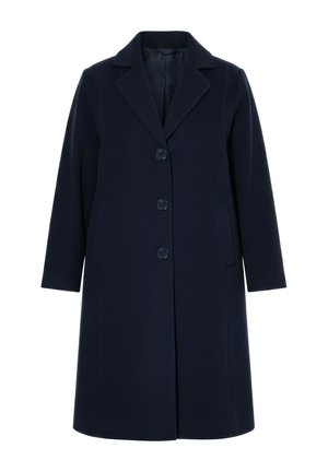 Mørk marineblå enkeltradet uldfrakke med tre knapper, notch-krave, lange ærmer og sidelommer, knælængde.