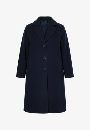Donker marineblauw eenrijig wollen jas met drie knopen, een notch-kraag, lange mouwen en zijzakken, knielengte.