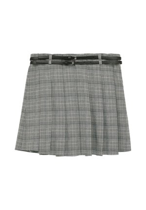 Jupe grise plissée avec un motif à carreaux noir et blanc, dotée de deux fines ceintures noires avec des boucles argentées à la taille.